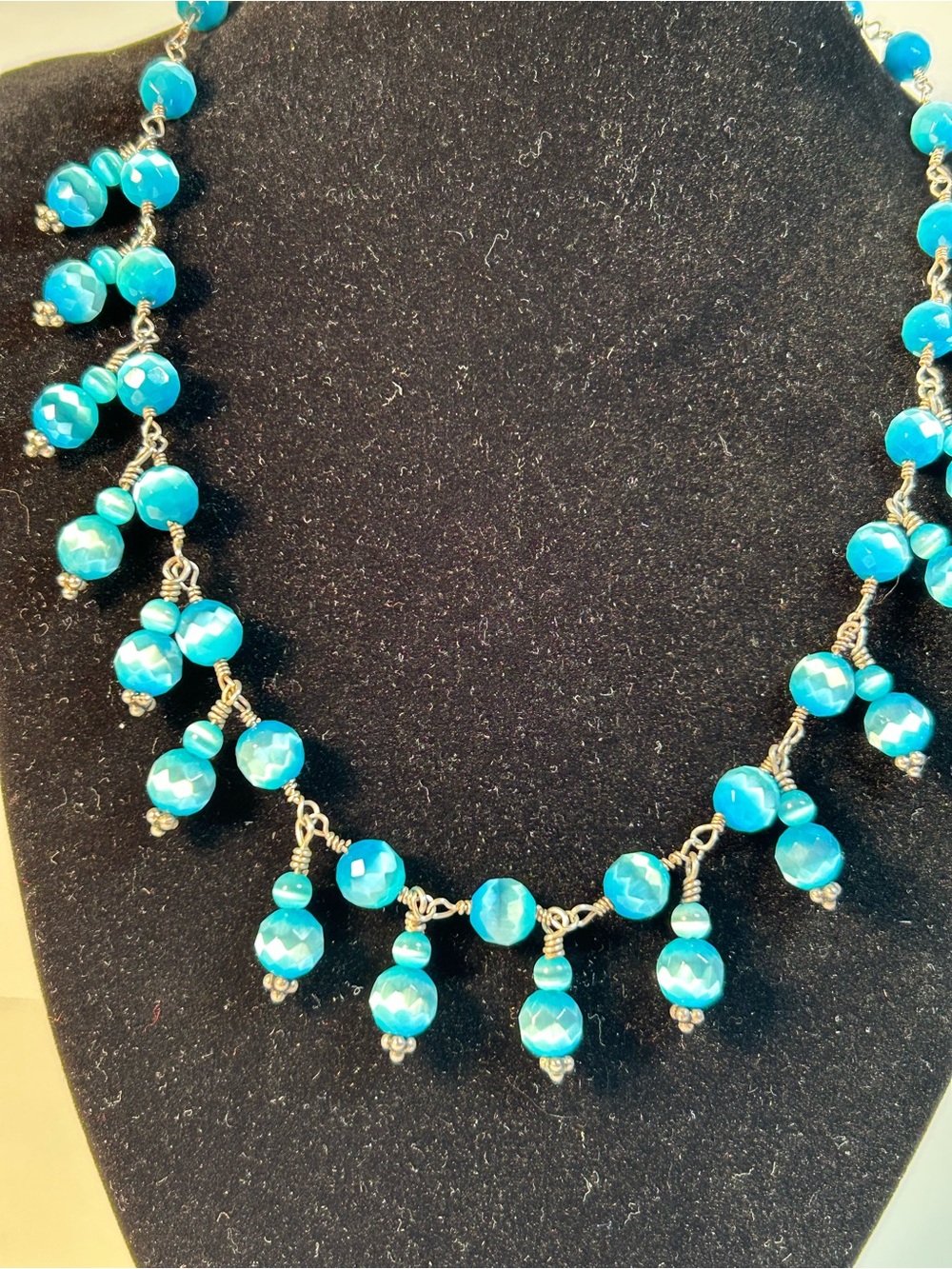 Teal Blue Glass Cats Eye Beaded Fringe Necklace - Women Jewelry 18”